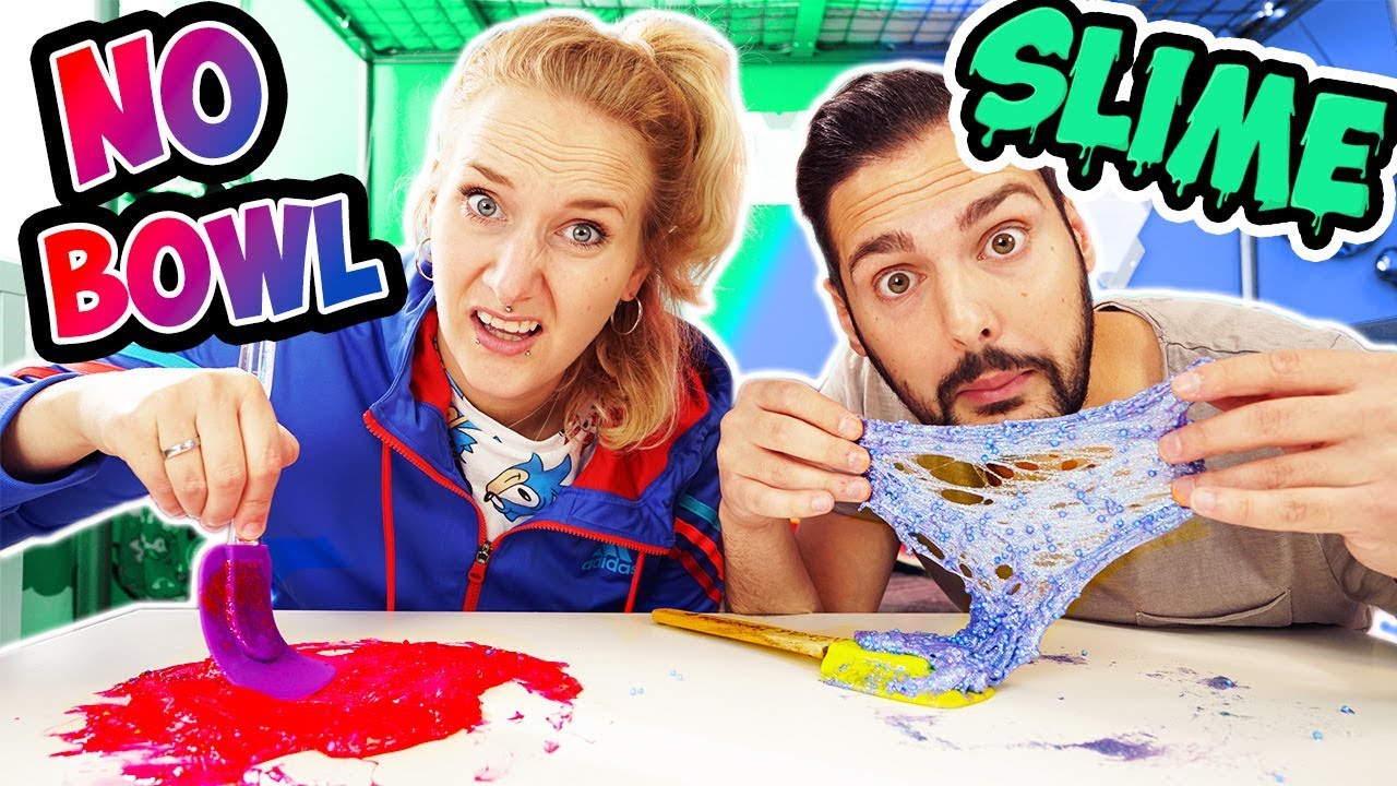 SCHLEIM OHNE SCH&Uuml;SSEL CHALLENGE - Nina & Kaan schmieren den ganzen Tisch mit Slime ein NO BOWL SLIME