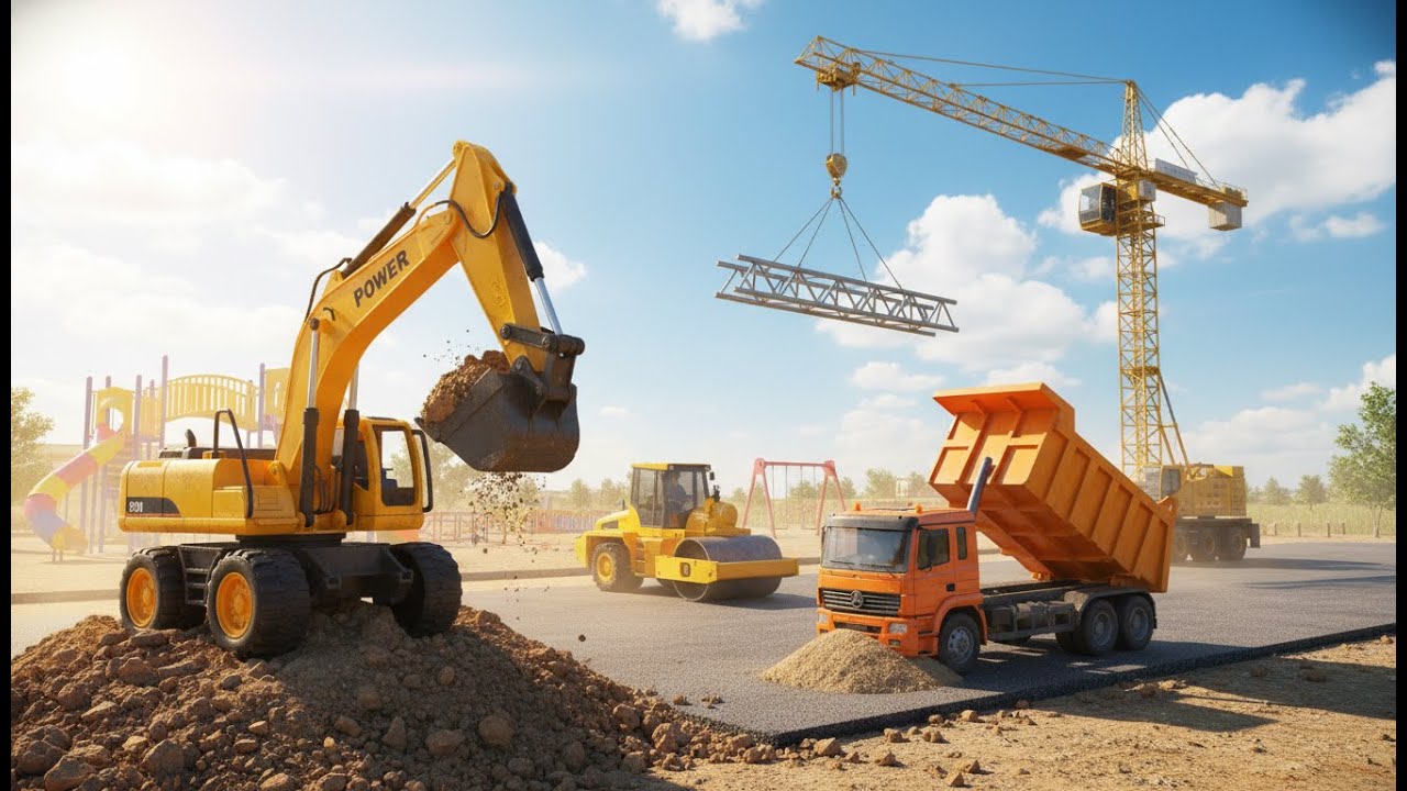Excavator, Dump Truck & Crane: Building a Dream Park