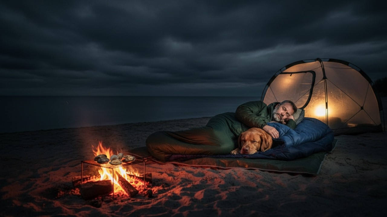 Calm Sea Night Camping with My Dog · Coastal Capsule Inflatable Tent · Grilled Shellfish ASMR