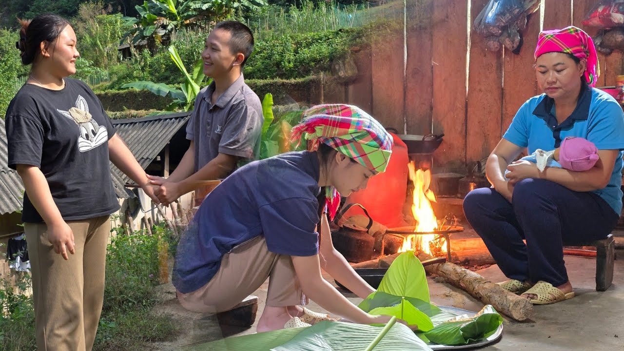 The couple brought their newborn baby home to boil some food for their grandparents.Warm family love