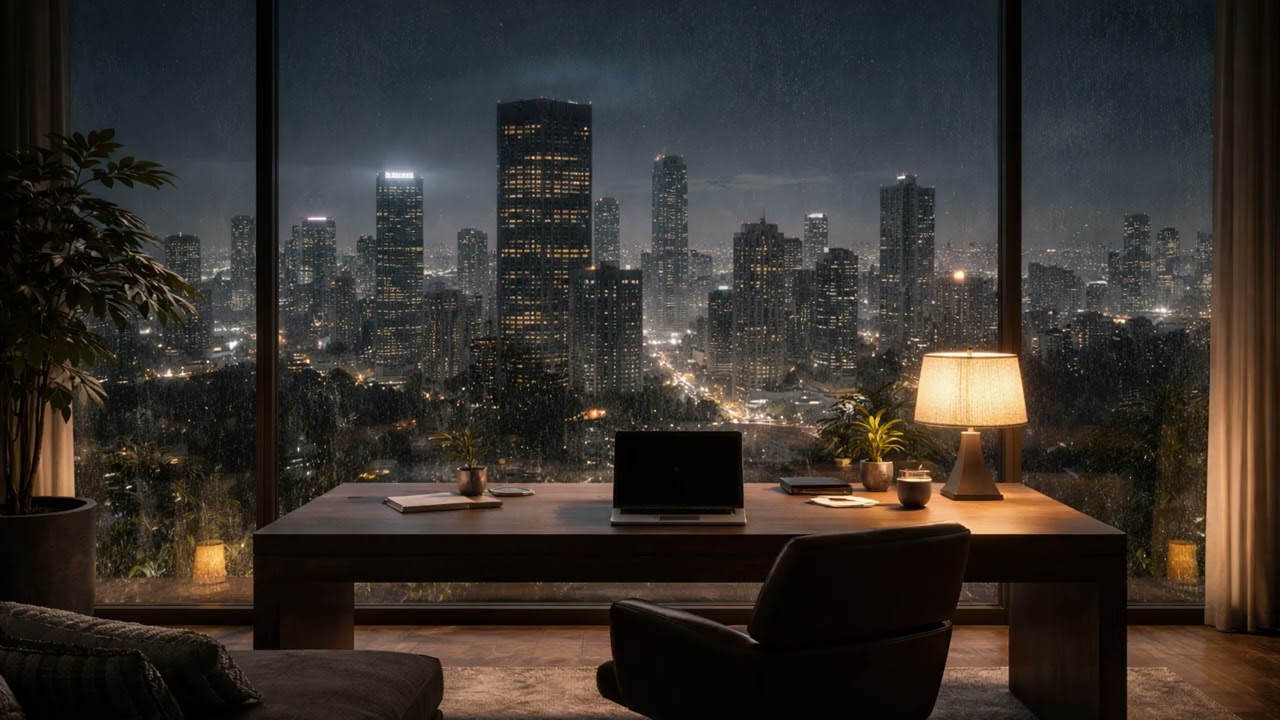 Luxury Penthouse Night Ambience Rain on Glass & Soft Jazz for Deep Focus [2026] 2 hours