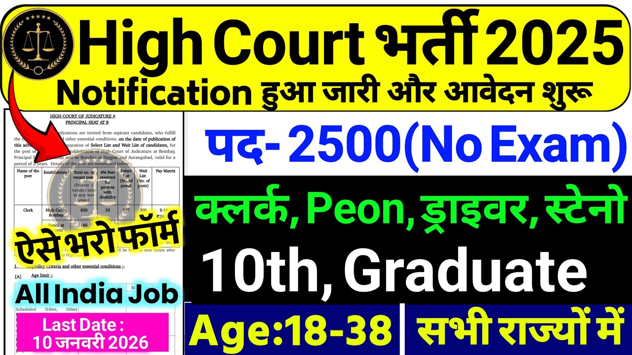 High Court New Vacancy 2025 | High Court Bharti 2025  | Latest Government Jobs 2025 | 10th pass