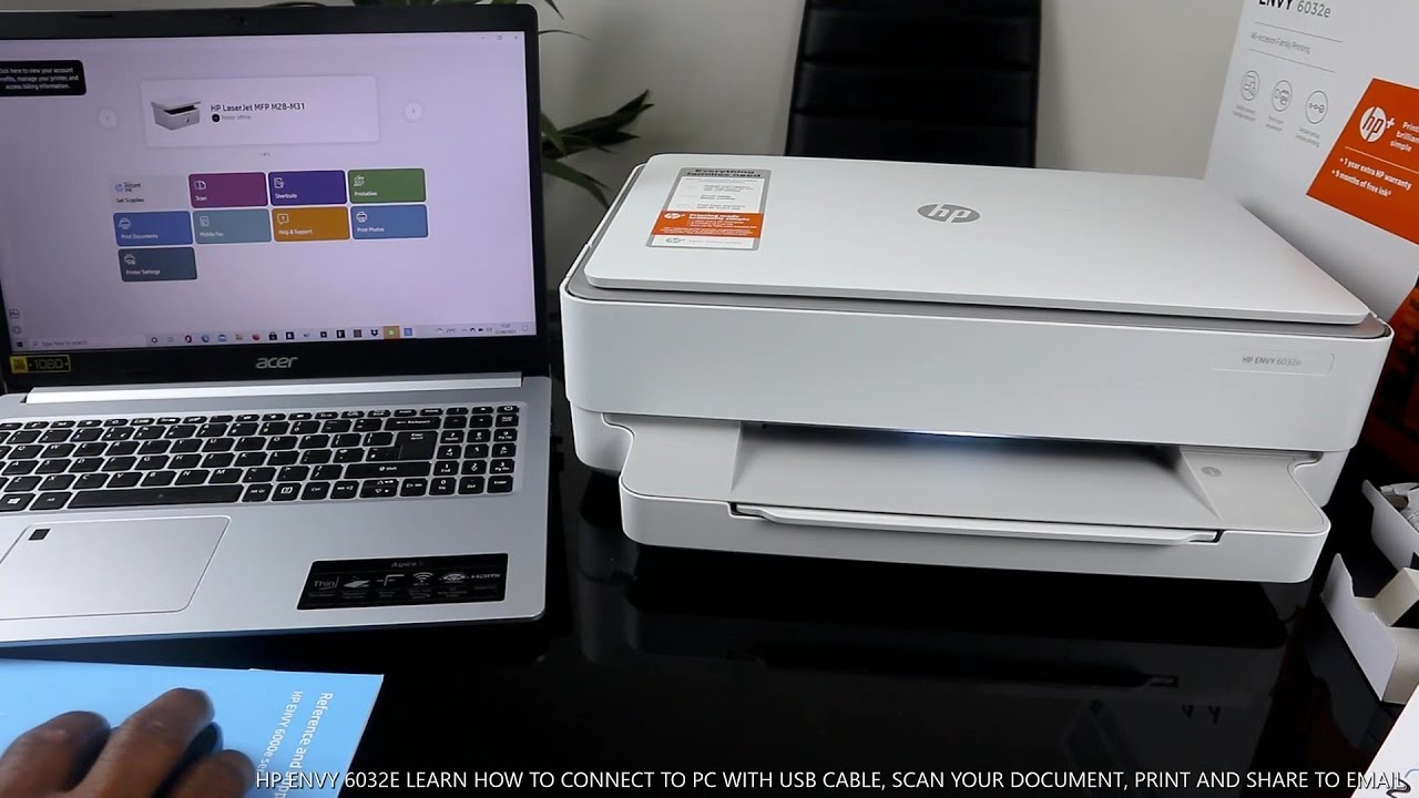HP ENVY 6032E LEARN HOW TO CONNECT TO PC WITH USB CABLE, SCAN, PRINT AND SHARE TO EMAIL