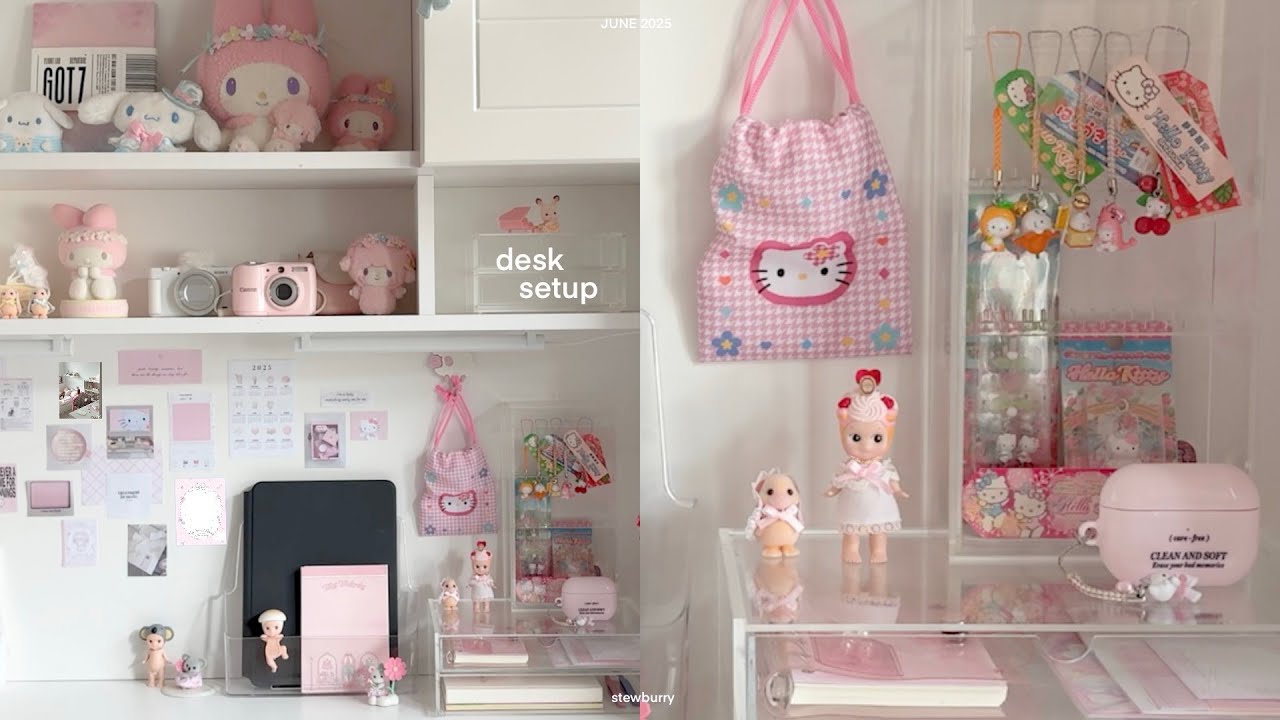 aesthetic desk makeover 🎧 ft. pinterest inspired, sanrio, sylvanian families, sonny angel