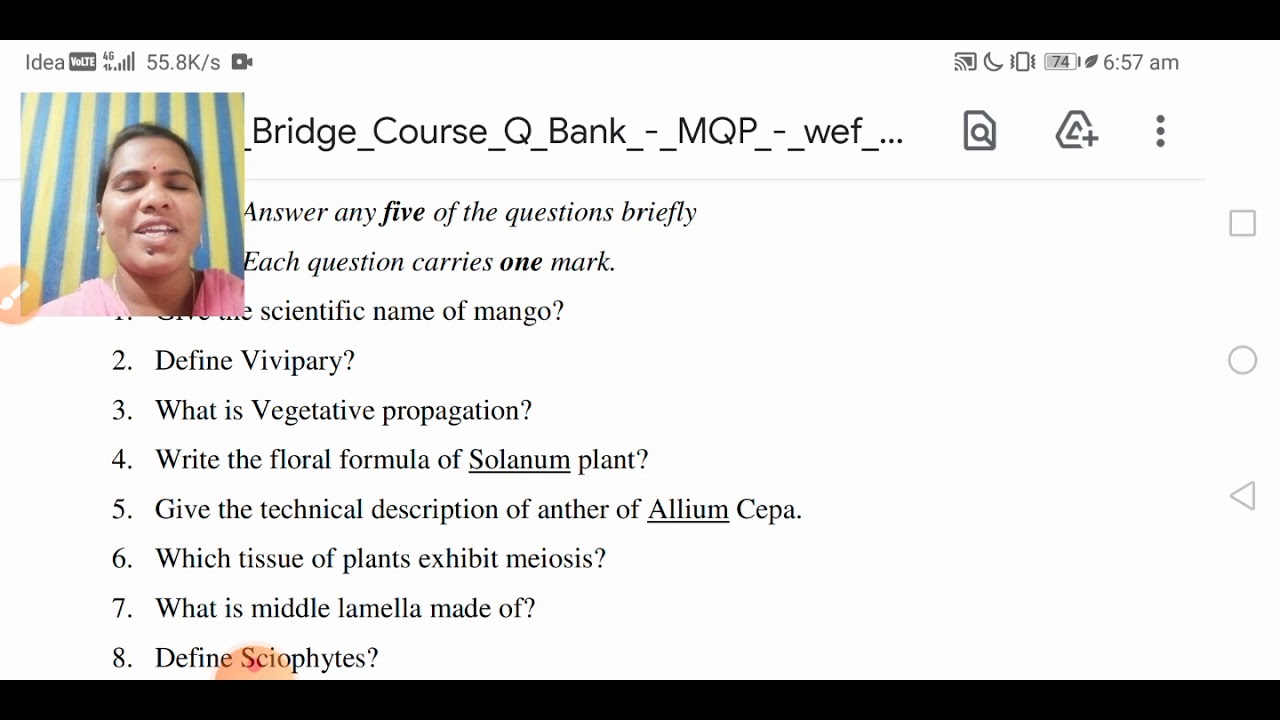 Model Question paper for bridge course 1st yr students - Botony
