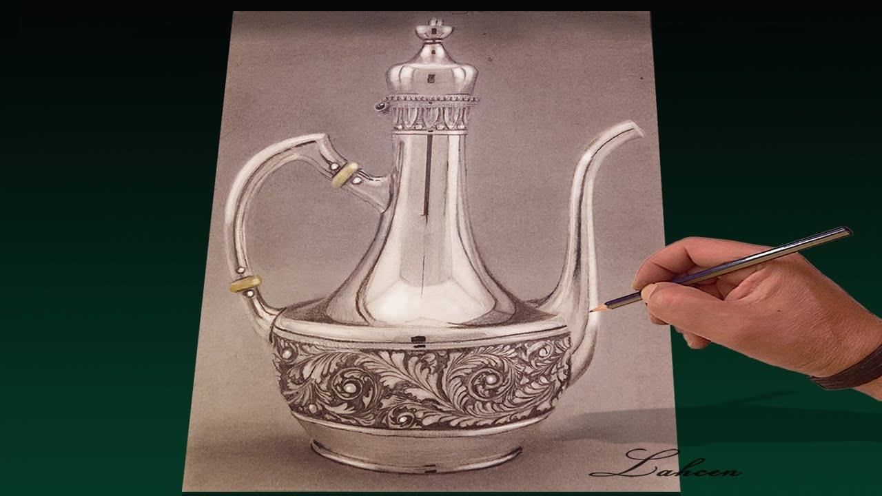 Drawing silver coffee pot still life painting simple tools
