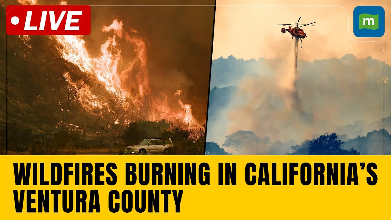 Aerial view of wildfires burning in California's Ventura county