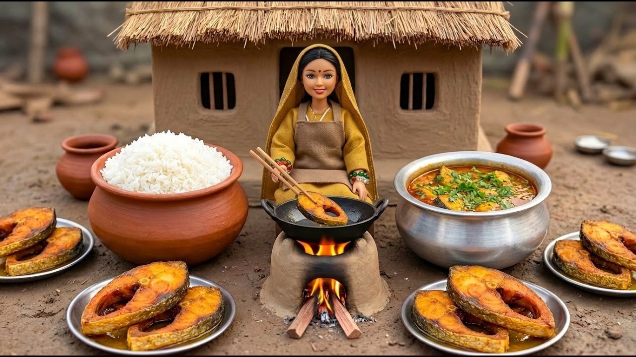 Miniature Doll Cooks Giant Fish Curry  Relaxing Pakistani Tiny Kitchen ASMR