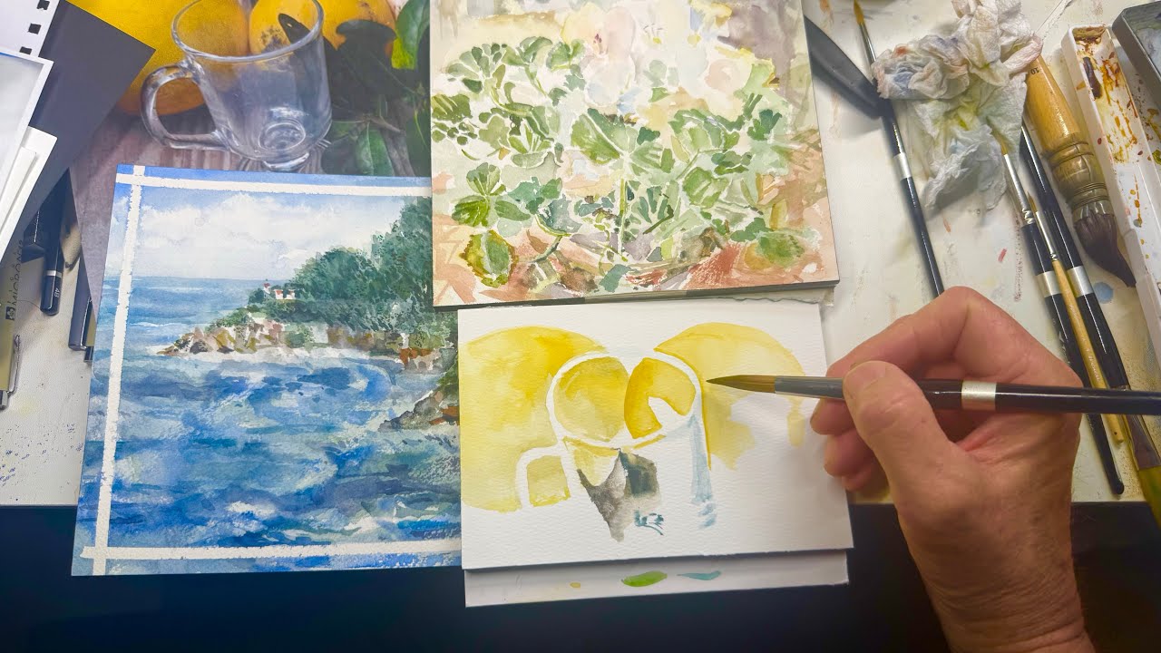Clear glass, seascape, flowers 3 WIP’s real time, watercolor painting
