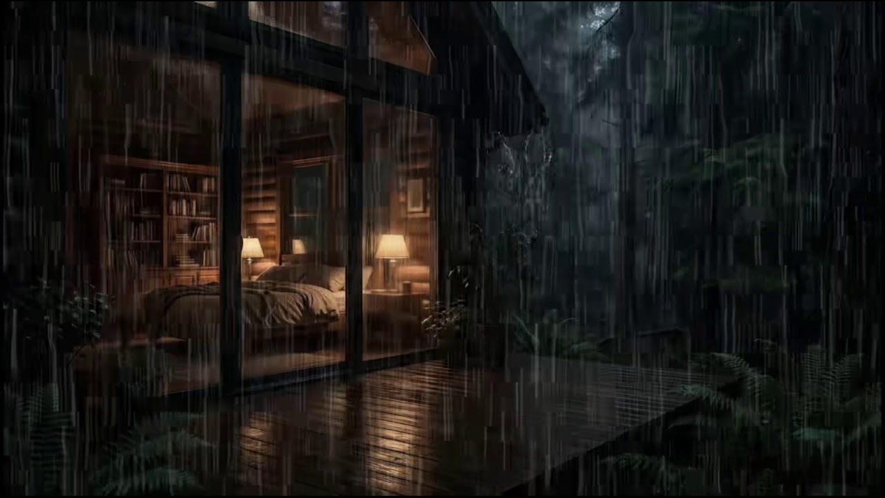 Nighttime Forest Cabin 🌲 | Relaxing rain ambience as soft rain surrounds the peaceful woods