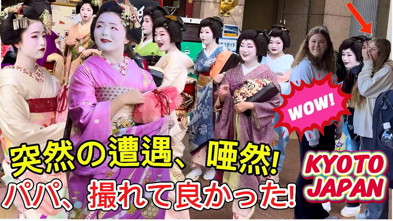 突然の遭遇、唖然！パパが舞妓さんを撮れて、良かったと喜ぶ外国人観光客！京都祇園の南座に、花街総見で、祇園東の芸舞妓さんが来ました！Foreign tourists are stunned!
