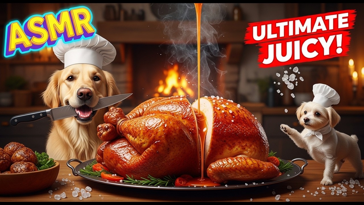 🎧ASMR🎧 Juicy Roast Chicken! 🍗 Big Dog Slices, Small Dog Seasons! #ASMR #DogChef #Crispy