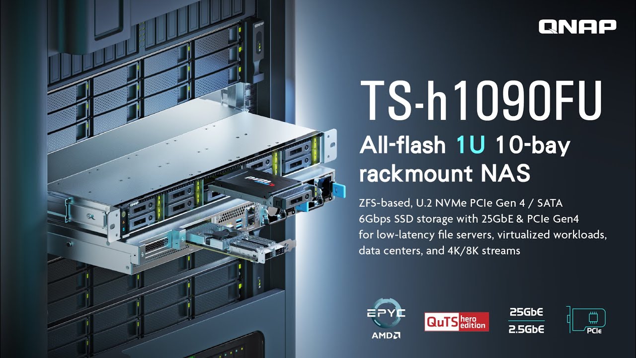 TS-h1090FU All-flash 1U NAS with AMD EPYC 7002, supporting U.2 NVMe/SATA SSD, 25GbE, PCIe Gen4 slots