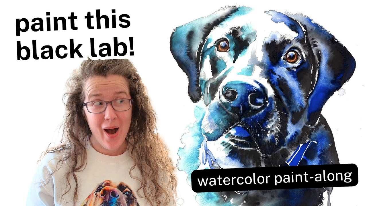 Black lab dog watercolor pet portrait tutorial