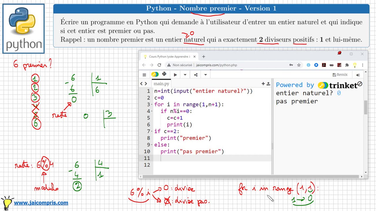 python • nombre premier • programme pour savoir si un nombre est premier • Version simple • lycée
