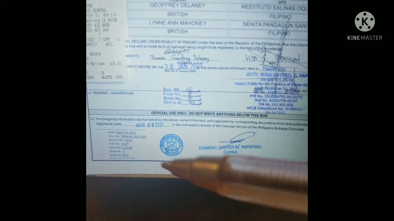 Continuation of report of  marriage form from Philippine Embassy Sanfrancisco California, U.S.A