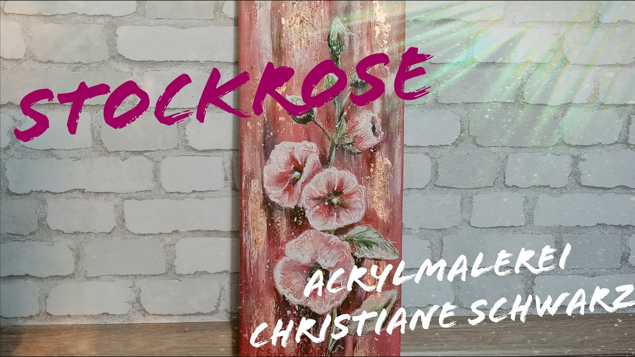Acrylgem&auml;lde Stockrose mit Strukturpaste, Metallikfarbe und rosegoldfarbigem Blattmetall