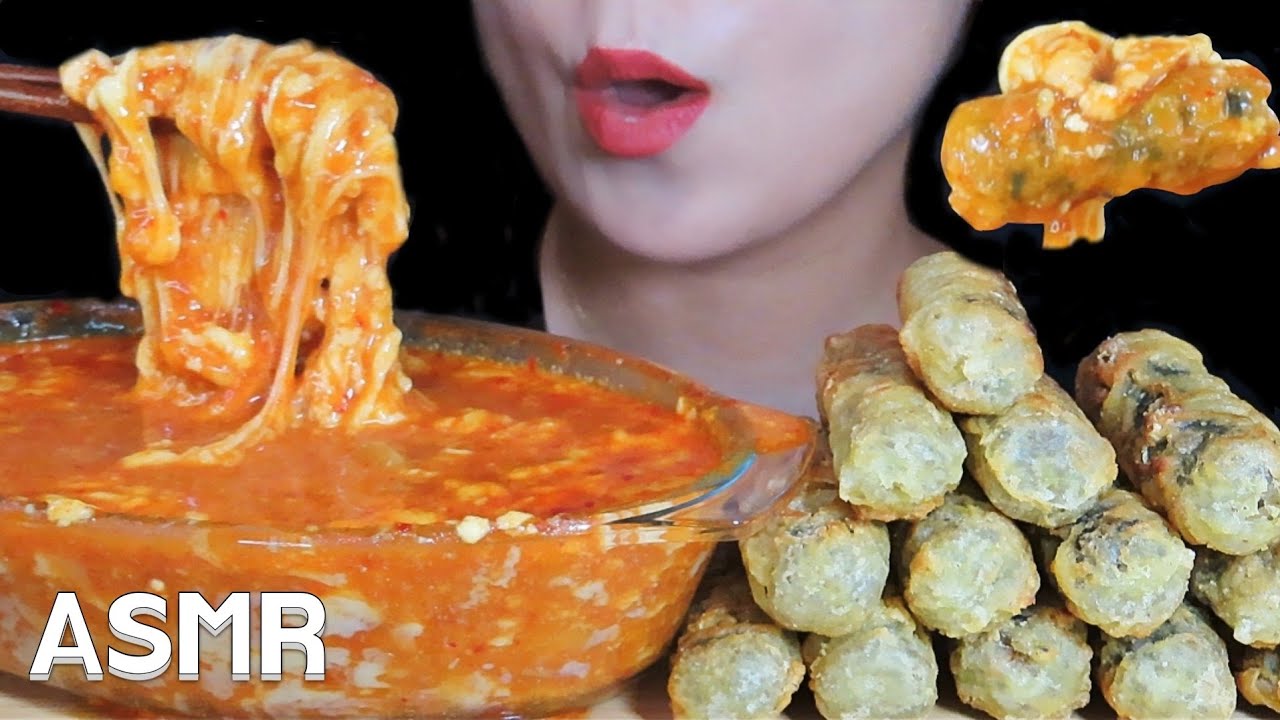 ASMR *CHEESY* GIMMARI FRIED SEAWEED ROLL, RICE CAKE EATING SOUNDS 김말이, 치즈 떡볶이 먹방 MUKBANG