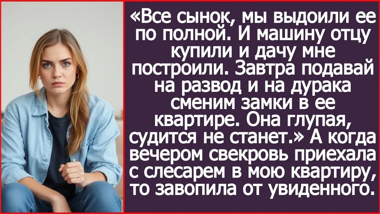 Завтра подавай на развод и на дурака сменим замки в ее квартире. Она глупая, судится не станет.