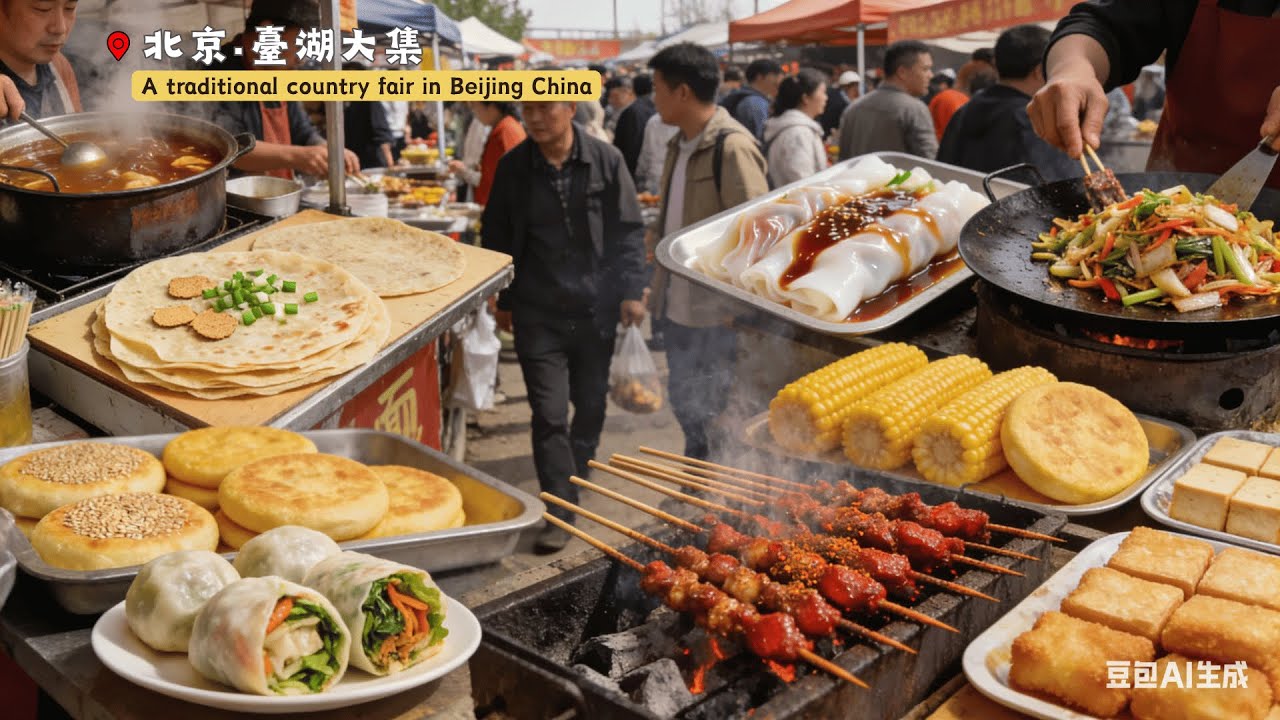 中國北京臺湖大集，匯集各地特色美食：山東雜糧煎餅，廣東石磨腸粉，東北千絲烤冷麵和鍋包肉，長沙臭豆腐，老北京滷煮，全北京獨一份的小米麵菜糰子，玉米麵貼餅子出鍋就沒，裏脊肉餅香又脆，鮮香炒燜子供不應求