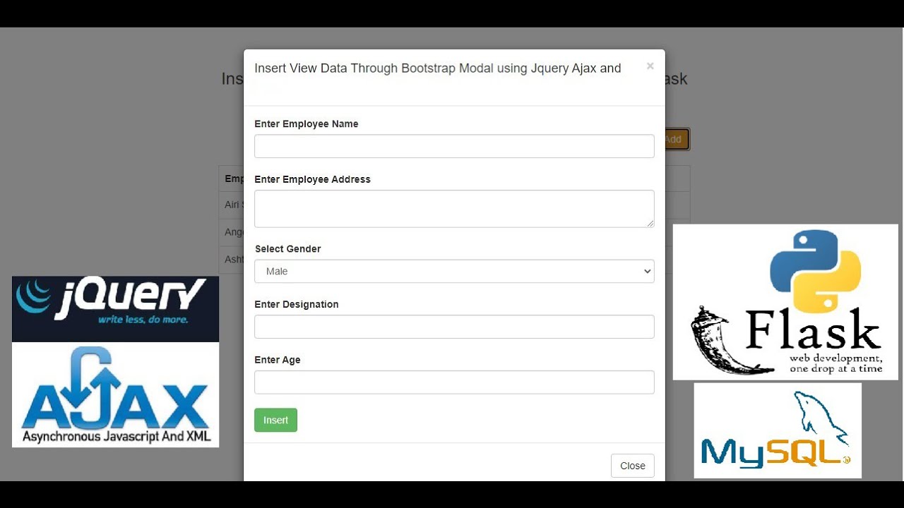 Insert View Data Through Bootstrap Modal using Python Flask and Jquery Ajax MysqlDB