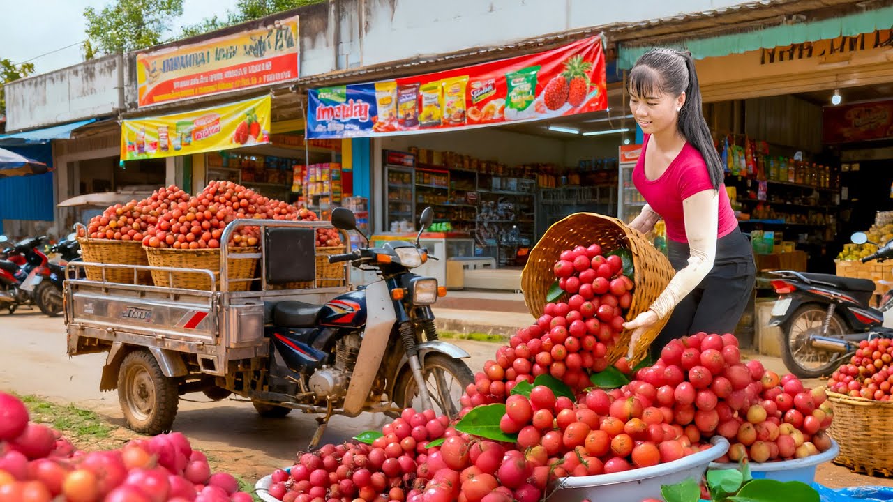 TIMELAPSE -- Harvest 1000+ Red Rambai Fruit, Use 3-Wheeled Truck Red Rambai Fruit, Go to Market Sell