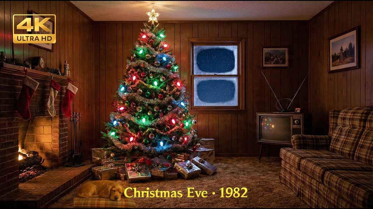 Christmas Eve 1982 🎄 Cozy Fireplace, Sleeping Dog & Falling Snow | 8 Hours Ambient ASMR