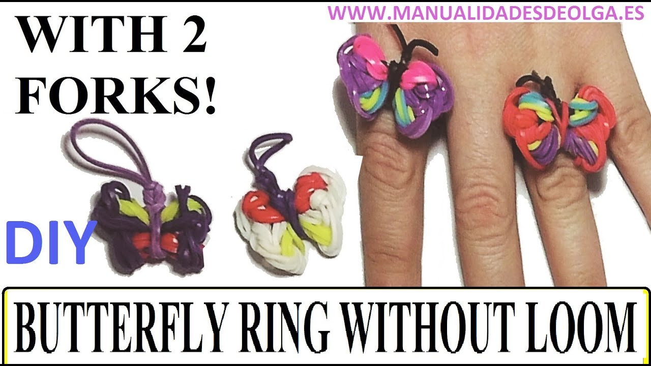 How to make a butterfly Ring with 2 forks. Without rainbow loom. rubber bands butterflies charms