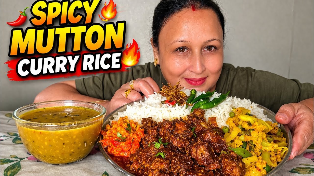 Eating Spicy Mutton Gravy, Churpi Ko Achar, Mix Veg, Bhaat, Daal // Nepali Mukbang
