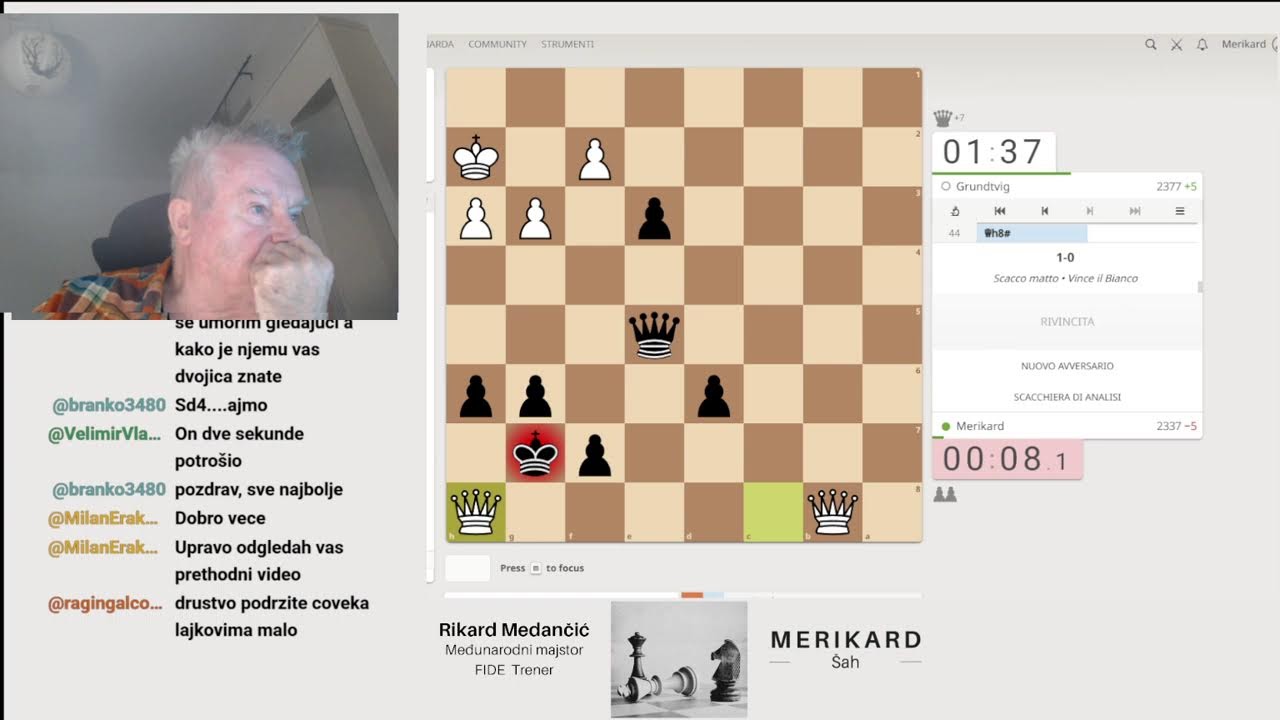 Mqajstor  MERIKARD  igra šah i komentira partije. Pridružite se.