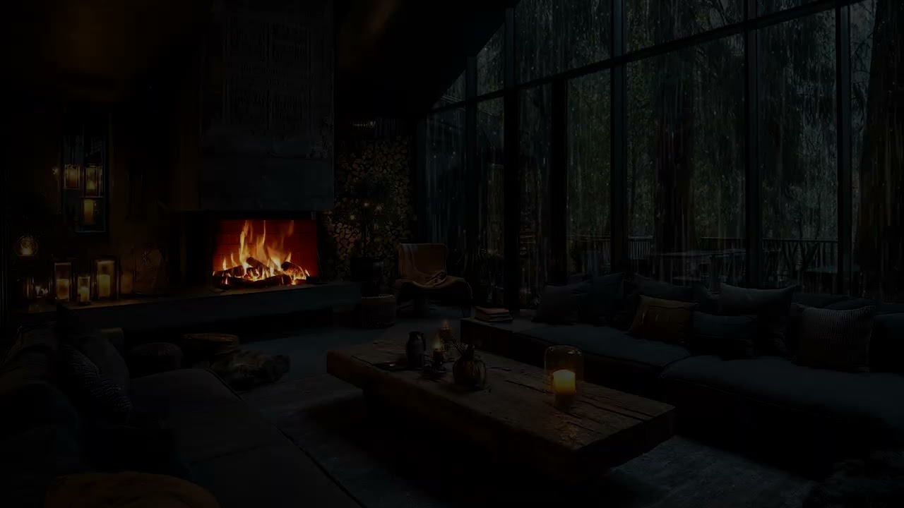 Watching Forest Rain | Rainy Forest Window Scene with Crackling Fireplace and Calm Night Ambience
