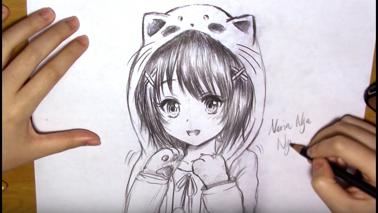 How to Draw a Manga Girl with Cat Hoodie (real-time)