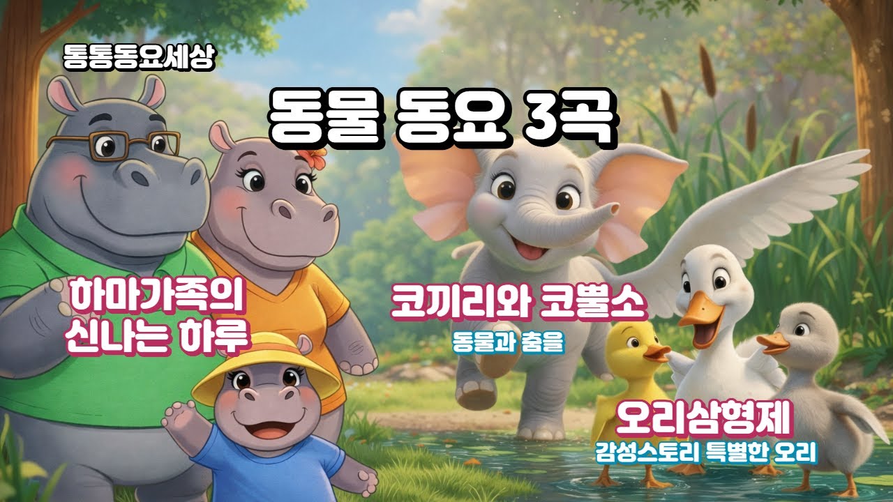 오리삼형제의 특별한 오리| 하마가족의 신나는 하루|코끼리와 코뿔소| 신나는 어린이 노래 연속듣기,영유아 동요|교육동요|통통동요세상