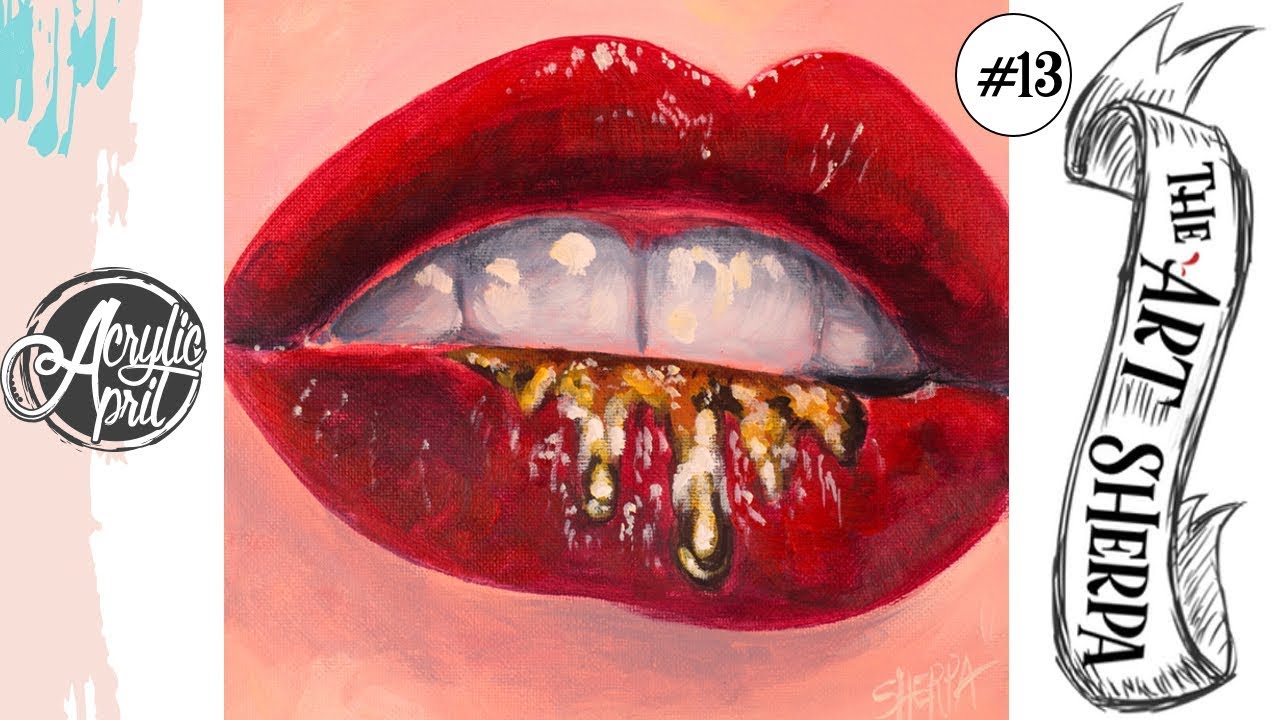 Red Lips with gold Drips loose step by step Acrylic April day #13 | TheArtSherpa