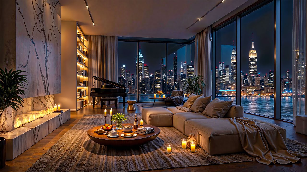 4K NYC Night Ambience | Cozy Apartment with Soft Jazz Background Music for Calm & Stress Relief
