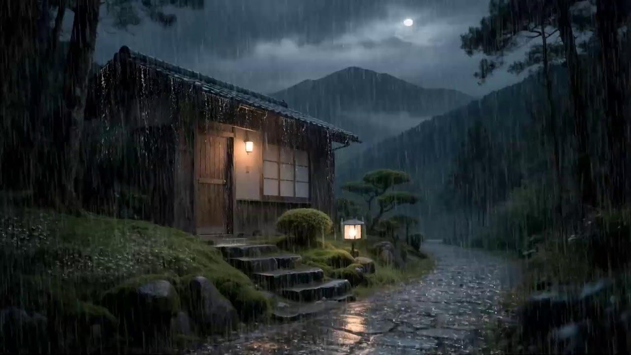 Sleep in Calm Rainfall Over Wooden Cabin Surrounded by Trees for Deep Sleep