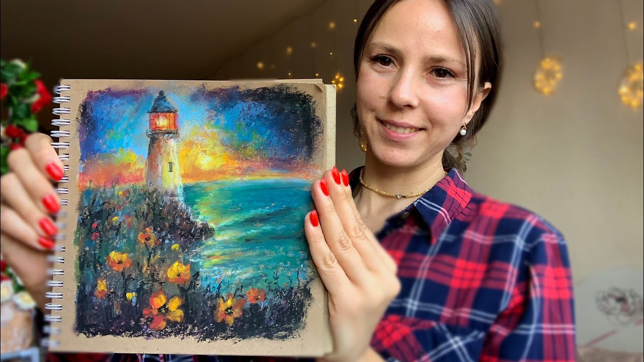 Рисую маяк под мантру Харе Кришна масляной пастелью