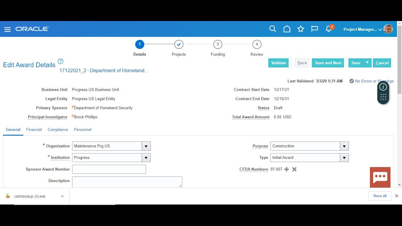 How to check Contract created for Grants Award in Oracle Fusion Enterprise Contracts Cloud? (R 21D)