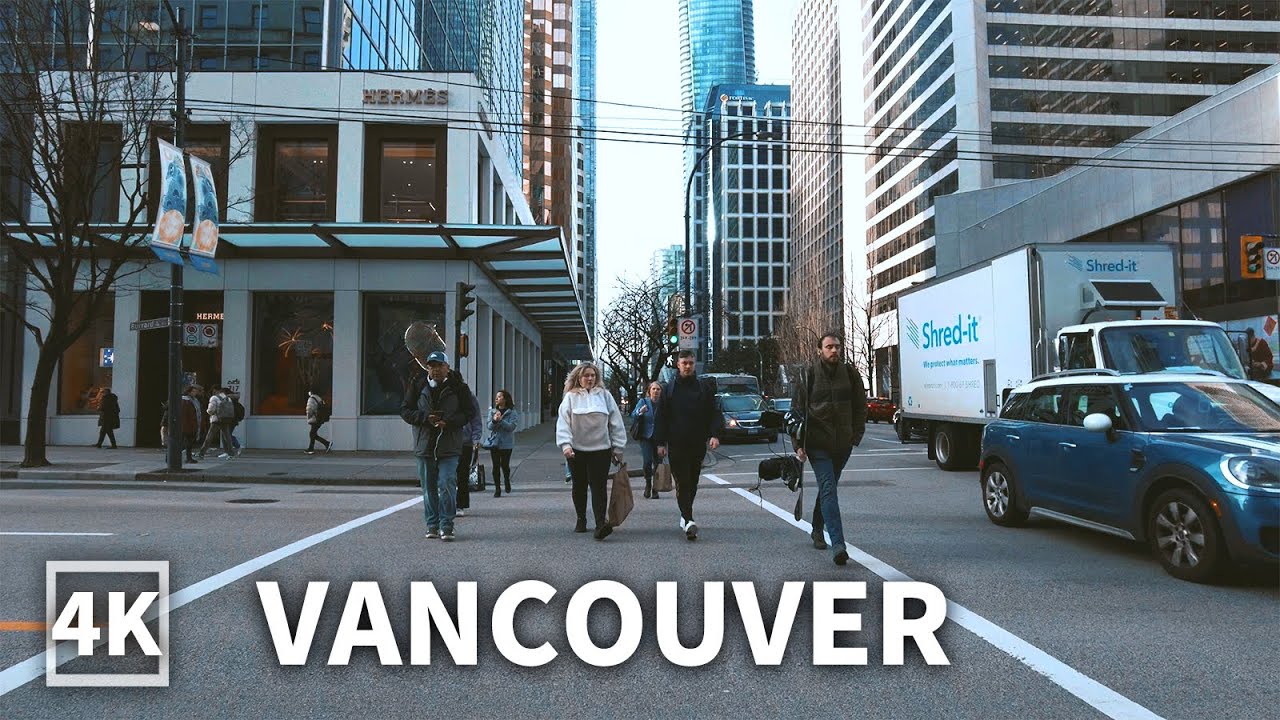 【4K】Downtown Vancouver Walk in Winter - Georgia St, Coal Harbour ,Canada (Binaural City Sounds)