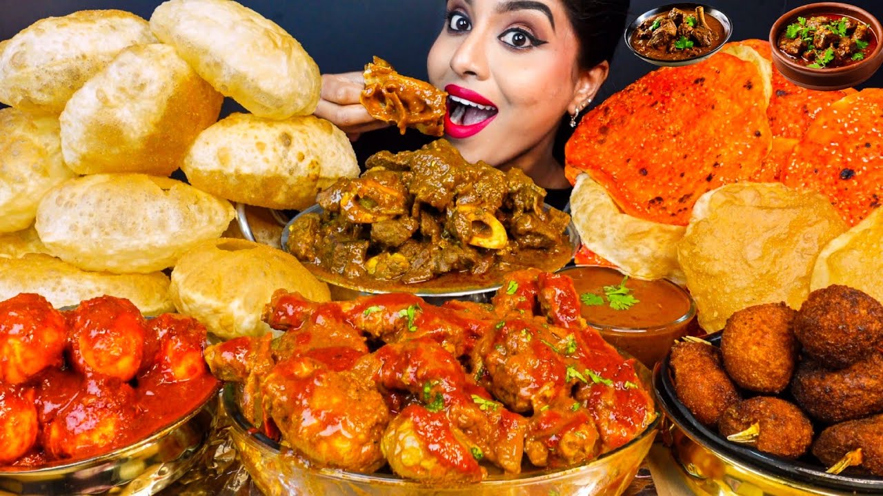 ASMR Eating Spicy Mutton Rogan Josh,Chicken Curry,Chole Bhature,Poori Big Bites ASMR Eating Mukbang