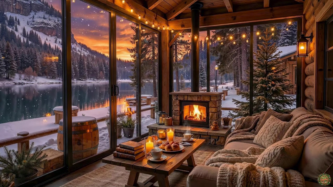 Cozy Winter Sunset 🌅 Relaxing Jazz & Fireplace Cabin Ambience ☕️ [4K]