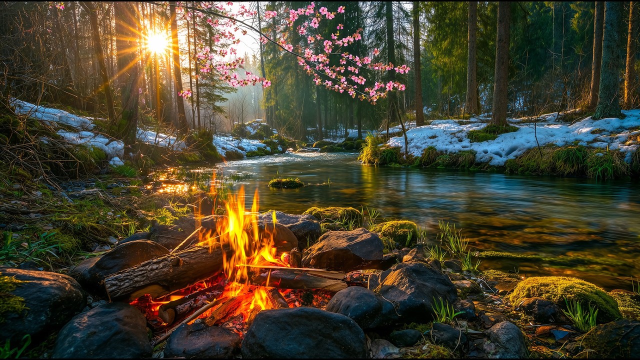 Peaceful Forest Morning Ambience 🌲 Birdsong, Flowing River and Soft Campfire Sounds