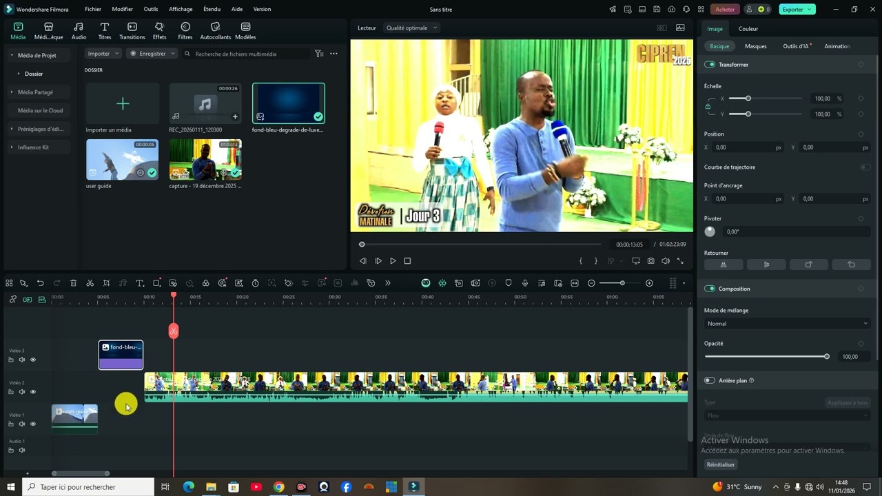 FORMATION DE FILMORA-LIEN ENTRE LA BARRE DE TRAVAIL LA TEMPLATE ET L'ECRAN DE TRAVAIL-Partie2