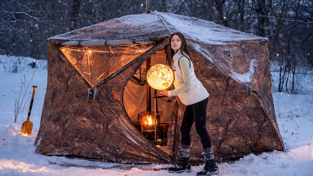 Camping in Snow with My Cats | Relaxing in the Hot Tent | Wood Stove ASMR