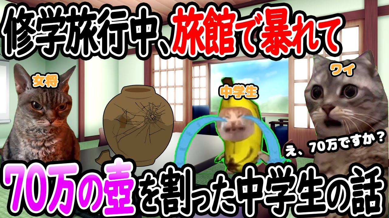 【ほぼ実話】修学旅行中、宿泊先で暴れて70万の壺を割った中学生の話【猫ミーム】【猫マニ】