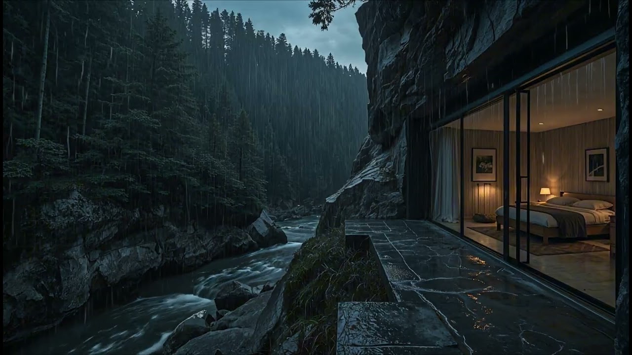 🌙 Soft Rain & River Sounds for Deep Sleep – Cozy Cliffside Cabin Night