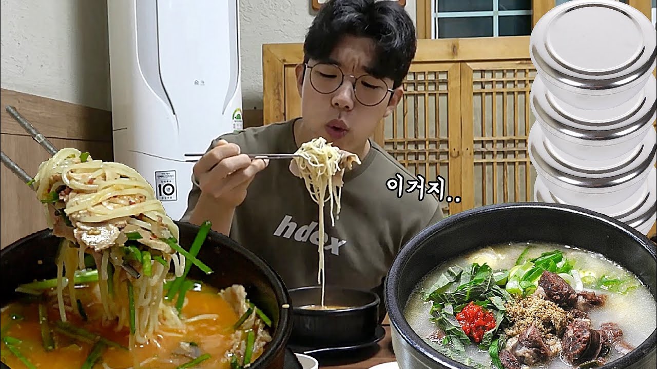 뜨끈한 돼지국밥 두그릇에 피순대, 수육백반, 공기밥 4개 먹방