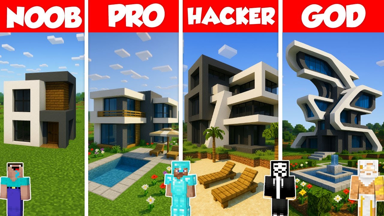 Modern House Build Battle Challenge - Noob vs Pro vs Hacker vs God - Minecraft Animation