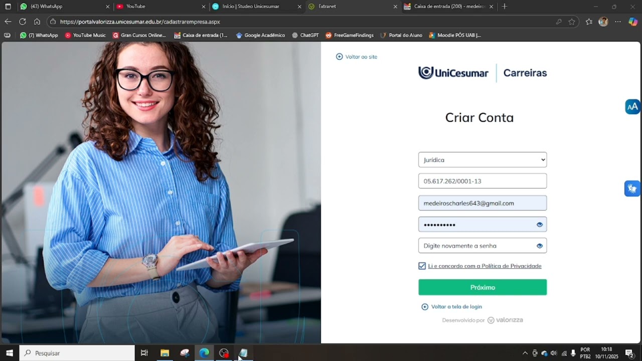 Cadastro de empresa no Portal de est&aacute;gio Valorizza - Unicesumar 