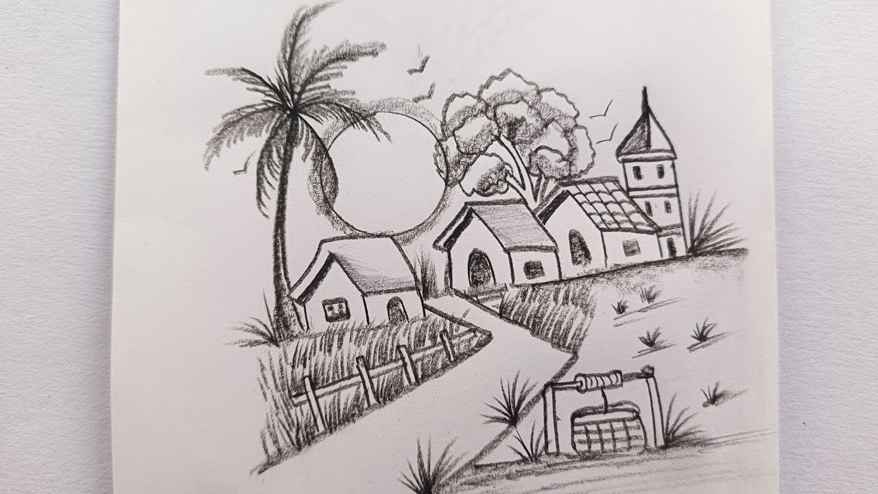 How to draw roadside landscape scenery #drawing #villagescenary #roadside #sketch 